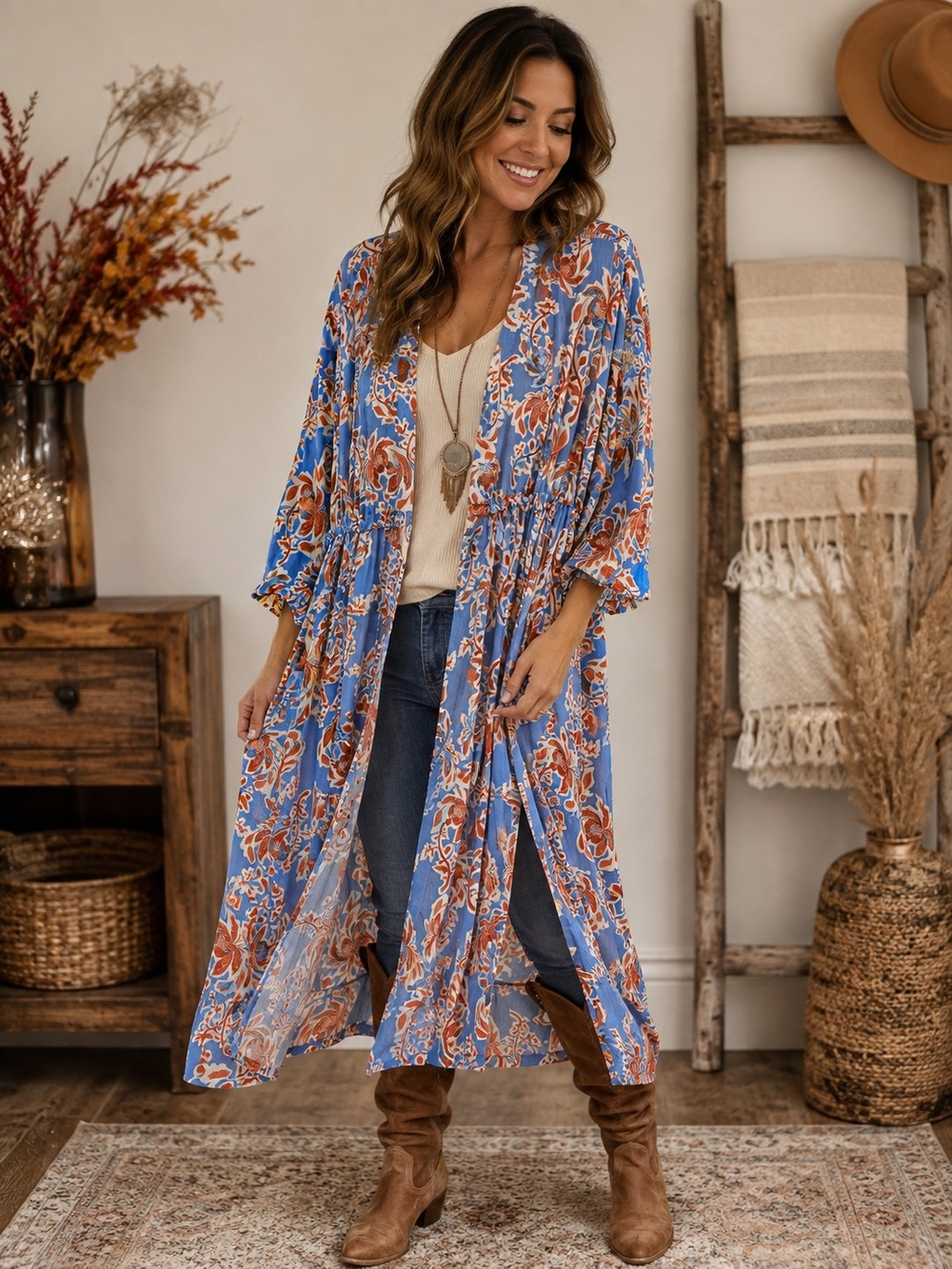 NWT Jessica Simpson Blue Floral Boho Tassel Tie Long Kimono Duster Medium & 1x